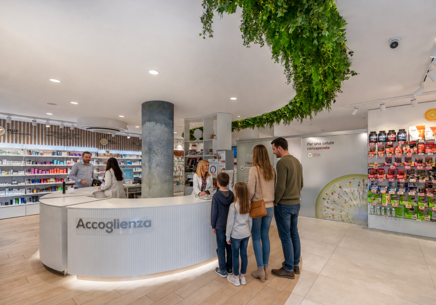Interno di una farmacia moderna con banco accoglienza, area consulenza, clienti e verde sospeso a soffitto