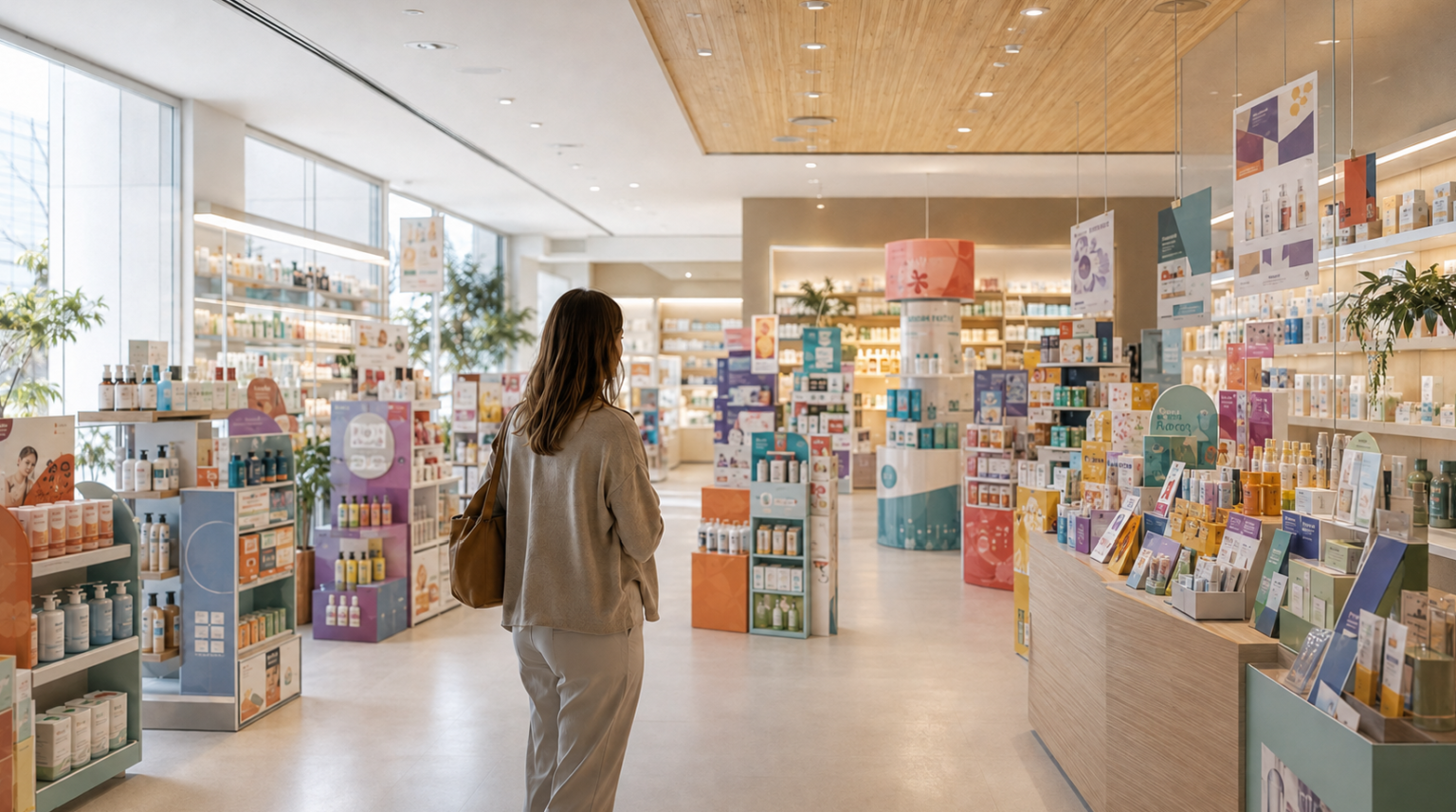 Farmacia affollata di espositori promozionali